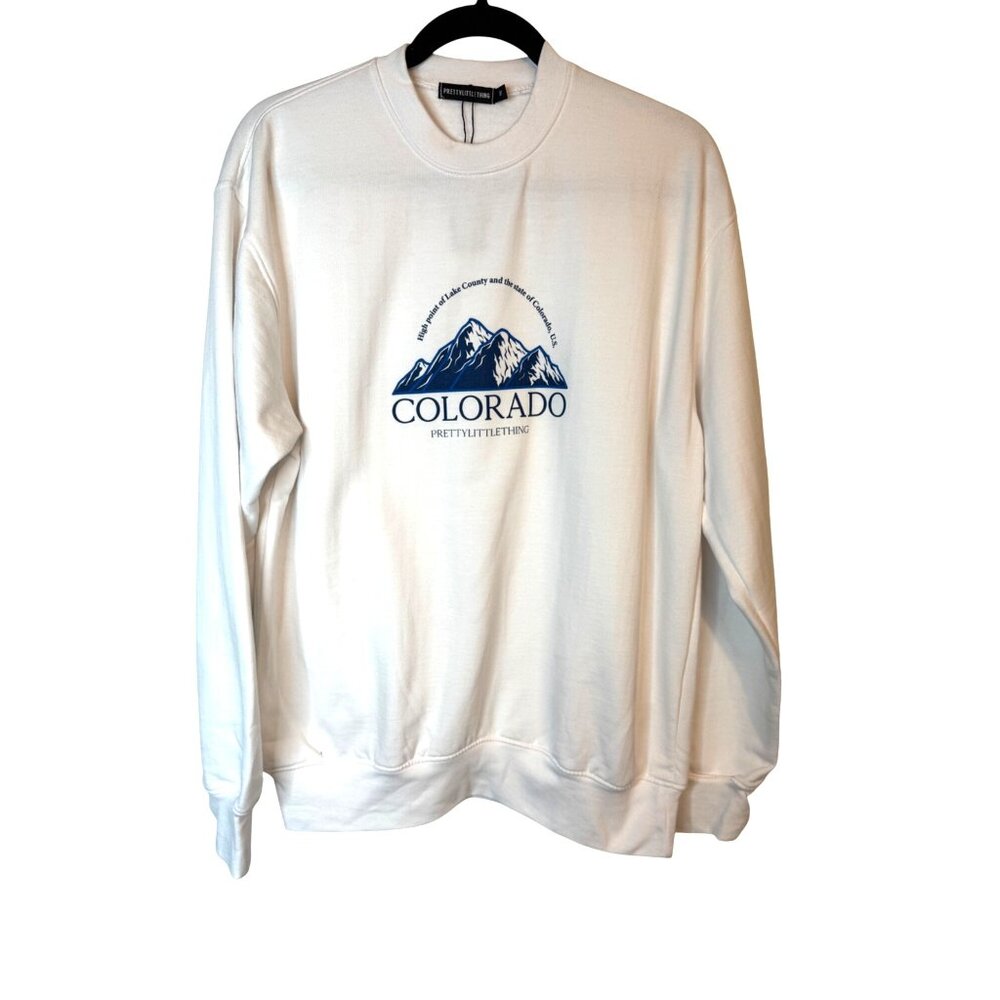 2/$30 NWT PrettyLittleThing M Colorado Navy Graphic Sweatshirt White